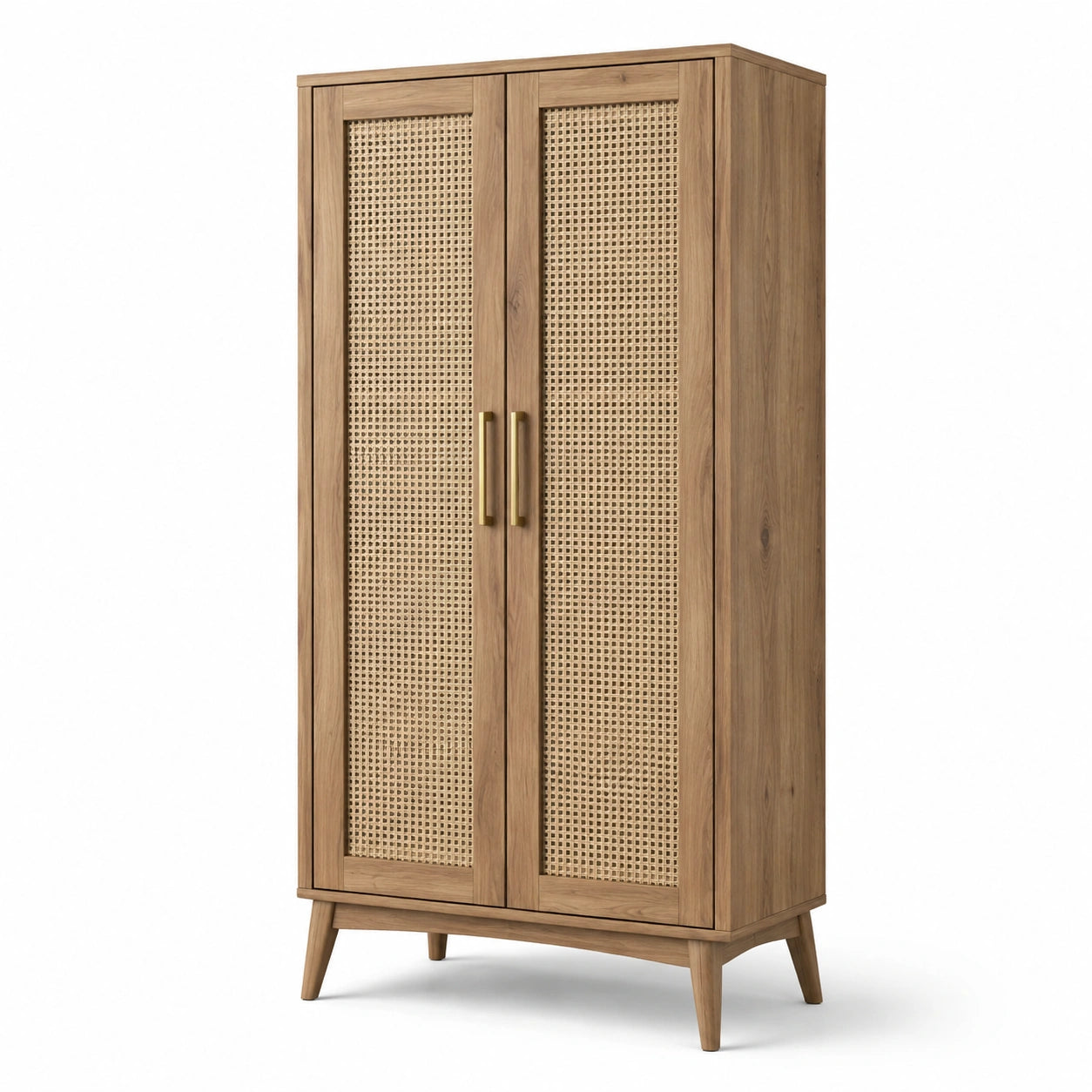 Armoire en bois et rotin avec poignées en métal