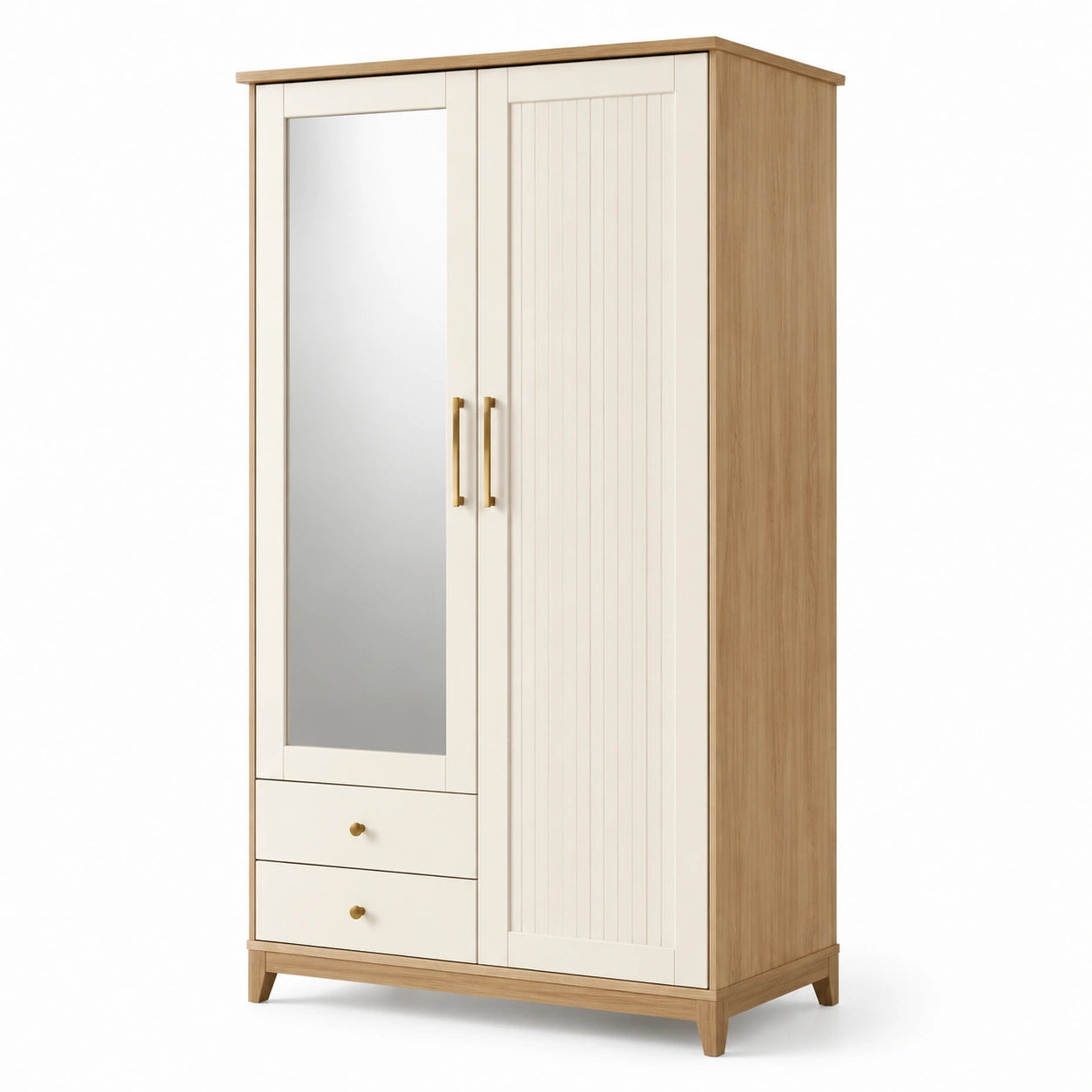 Armoire en bois avec miroir et tiroirs, chêne/blanc, 190x90x50cm