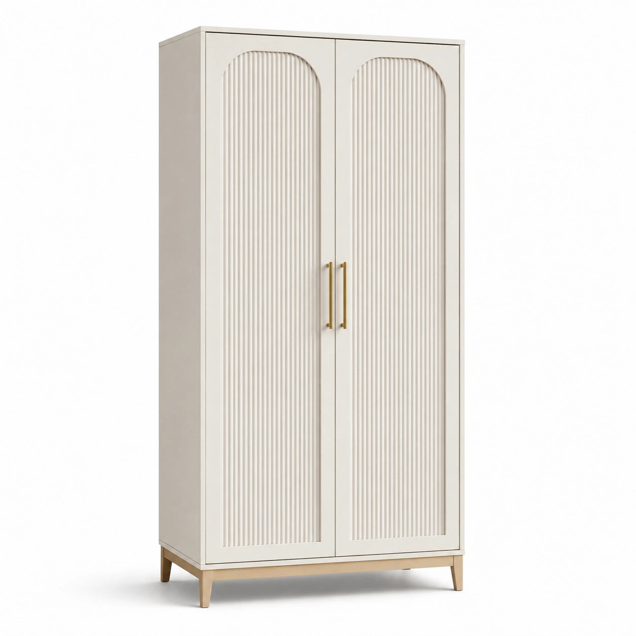 Armoire double porte en bois MDF beige avec poignées en laiton