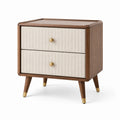 Table de chevet en bois et lin avec deux tiroirs couleur noyer et beige