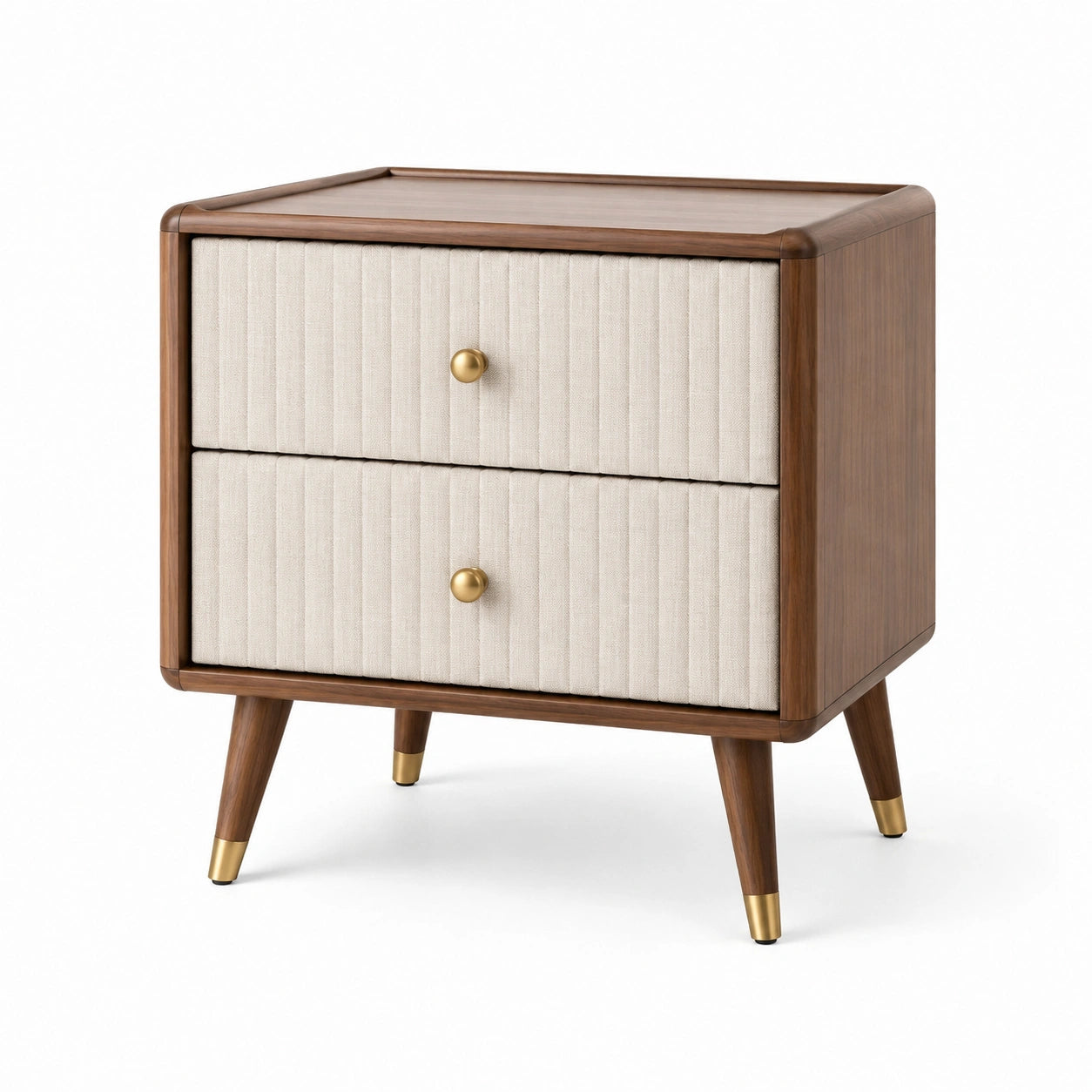 Table de chevet en bois et lin avec deux tiroirs couleur noyer et beige