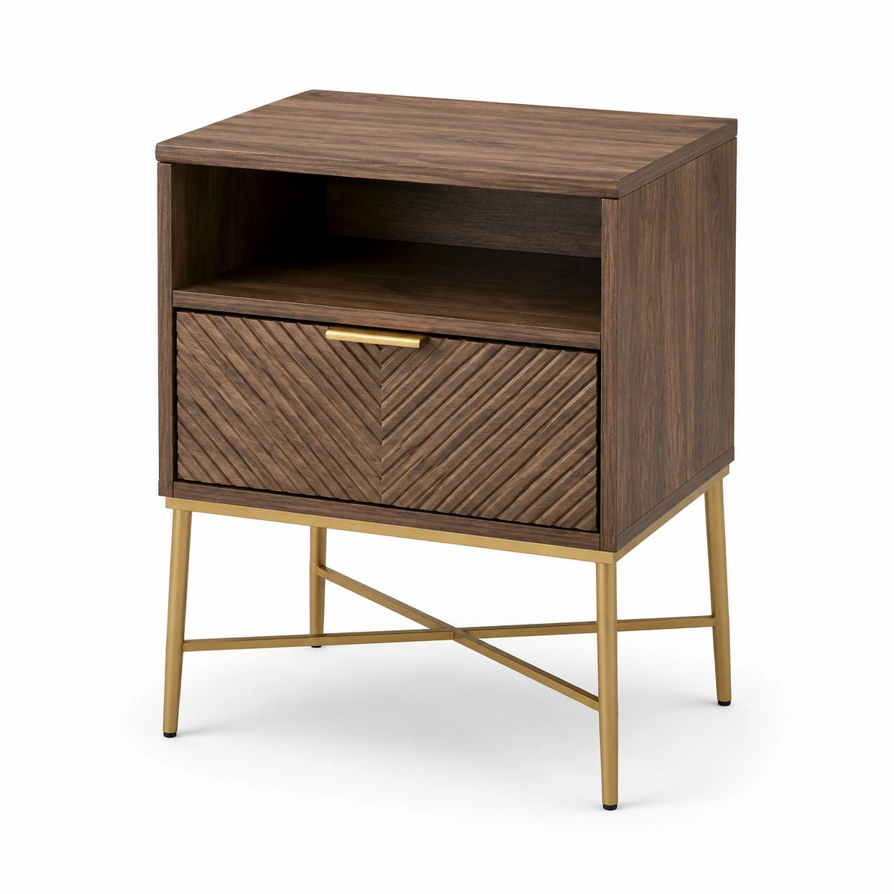 Table de chevet en bois avec pieds en métal doré et tiroir