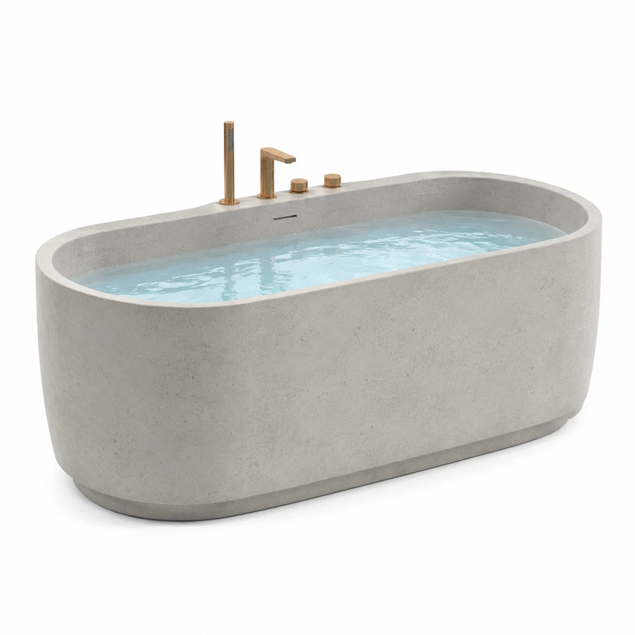 Baignoire îlot en résine de pierre beige avec robinetterie en laiton