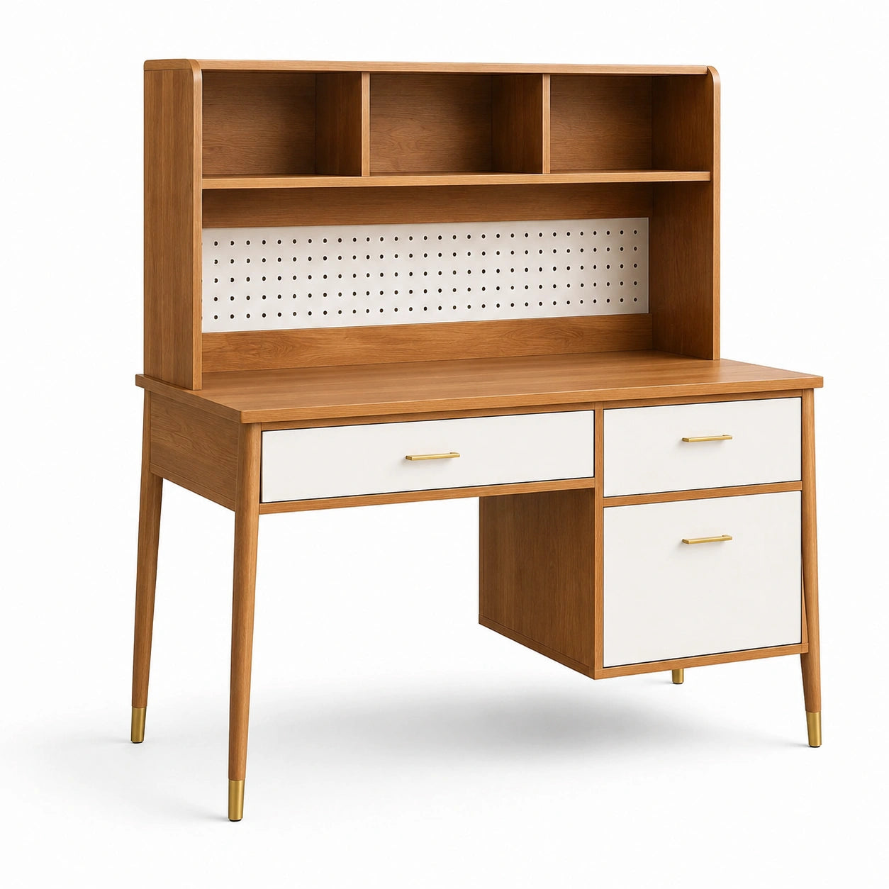 Bureau en Bois Massif avec Étagères et Tiroirs MDF Blancs