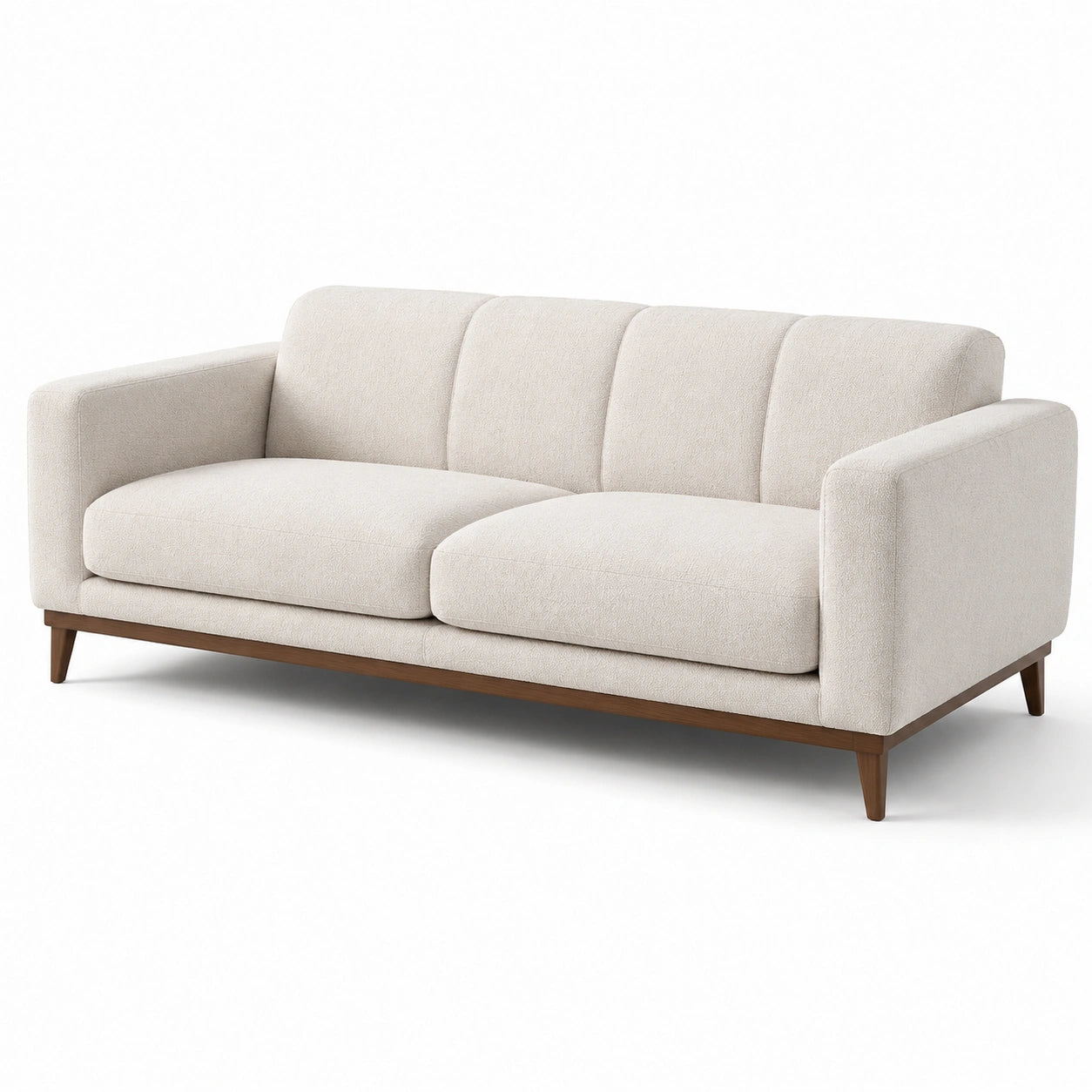 Canapé trois places en tissu beige avec cadre en bois