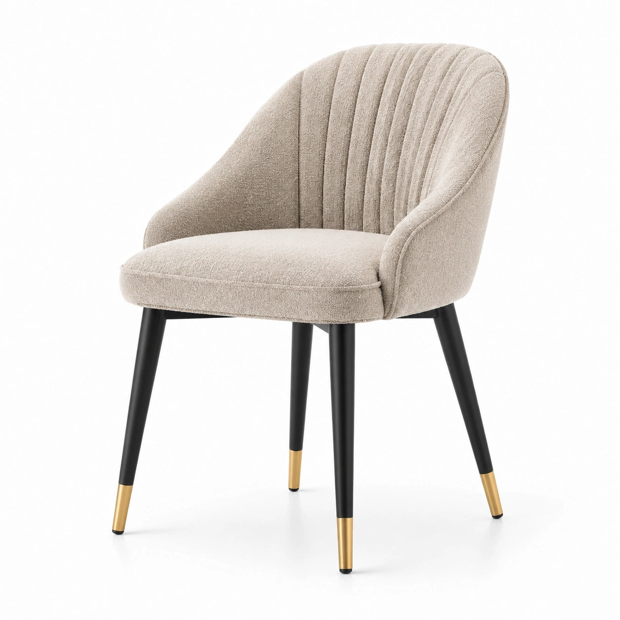 Chaise en tissu bouclé beige avec pieds en métal noir et doré