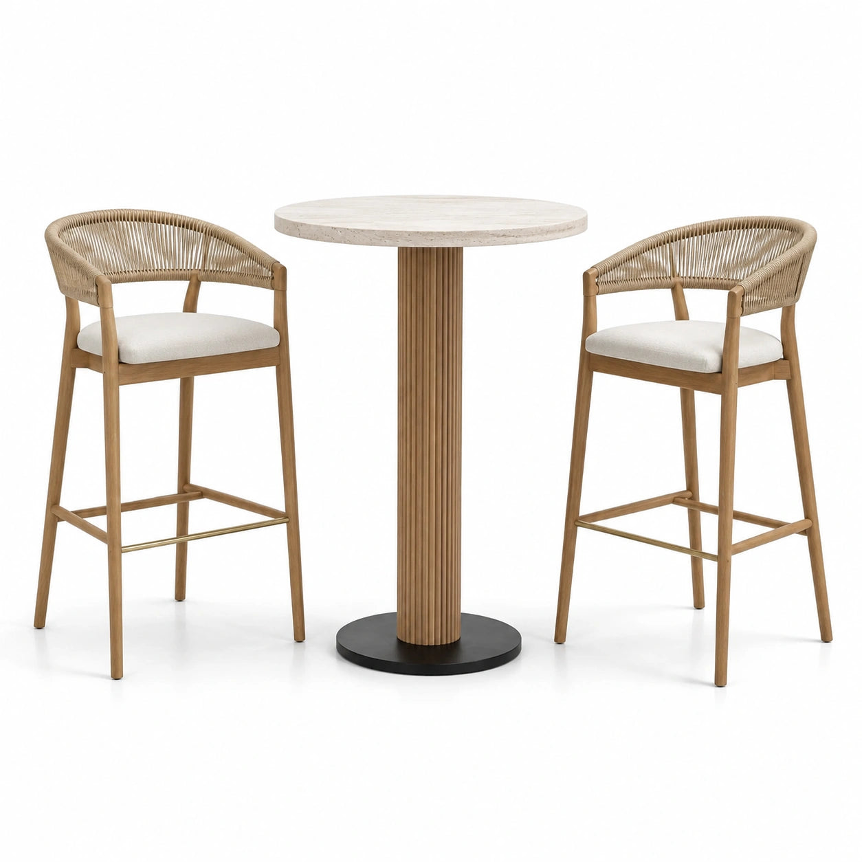 Ensemble table haute en bois et corde avec plateau en travertin