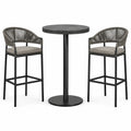 Ensemble table haute ronde et tabourets en métal noir avec corde tressée et coussins