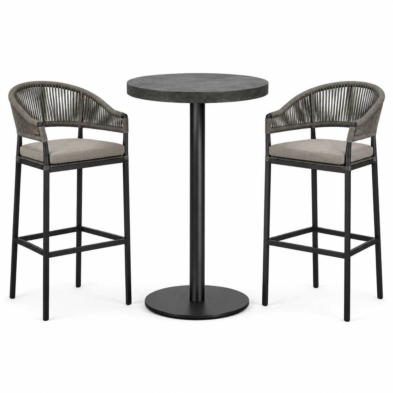 Ensemble table haute ronde et tabourets en métal noir avec corde tressée et coussins