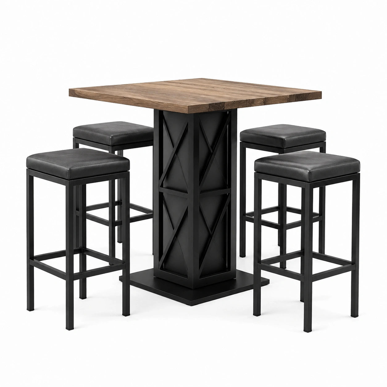 Ensemble table haute en bois avec tabourets en cuir synthétique et cadre en métal
