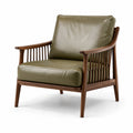 Fauteuil en cuir vert olive avec structure en bois