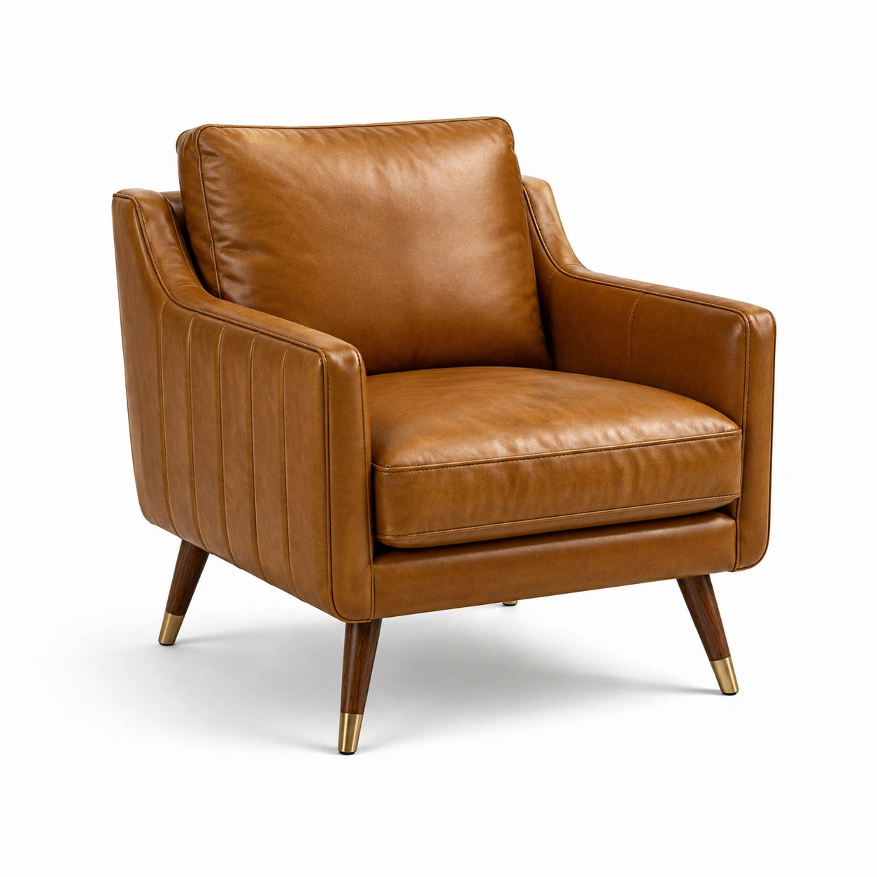 Fauteuil en cuir brun avec pieds en bois et métal