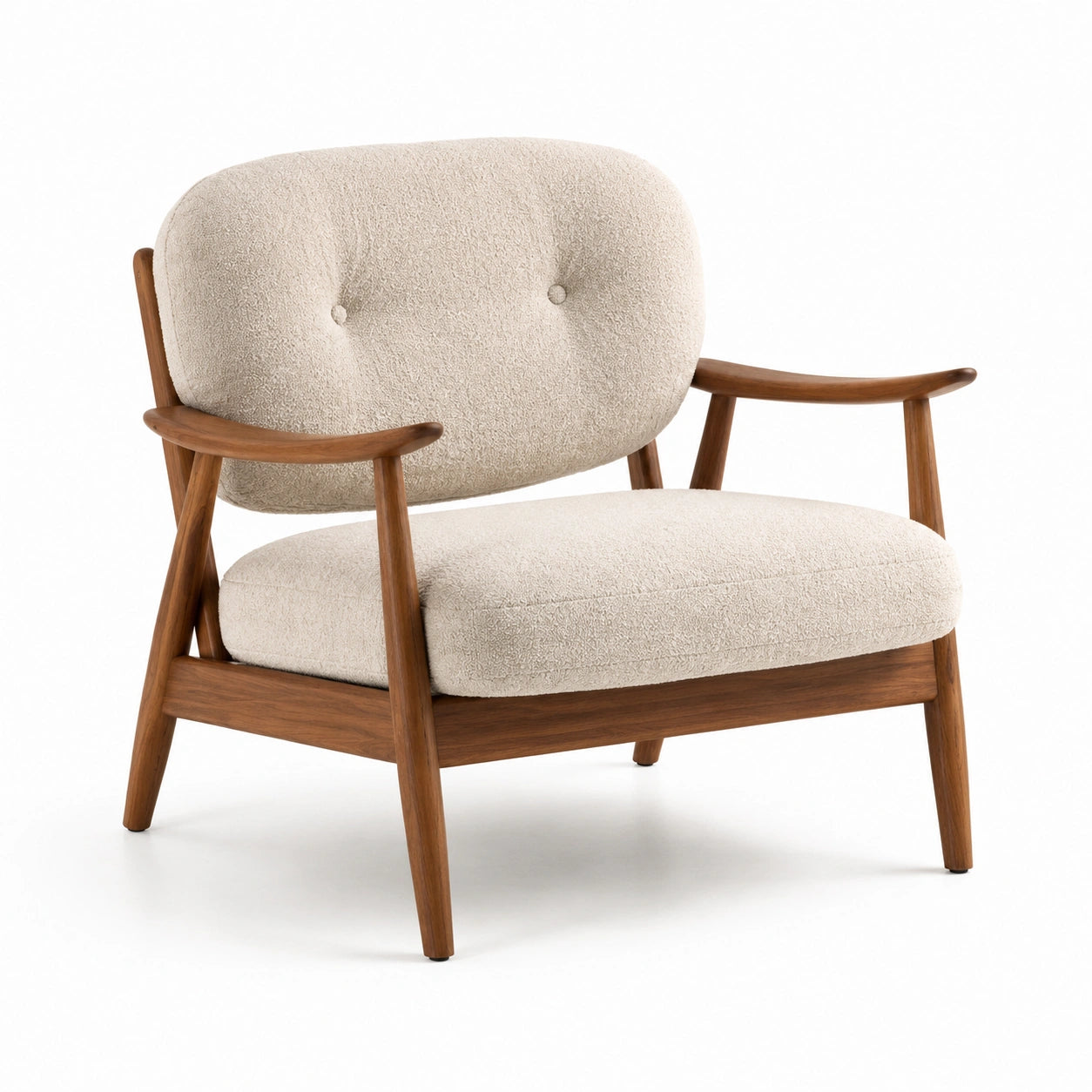 Fauteuil en bois avec tissu bouclé beige