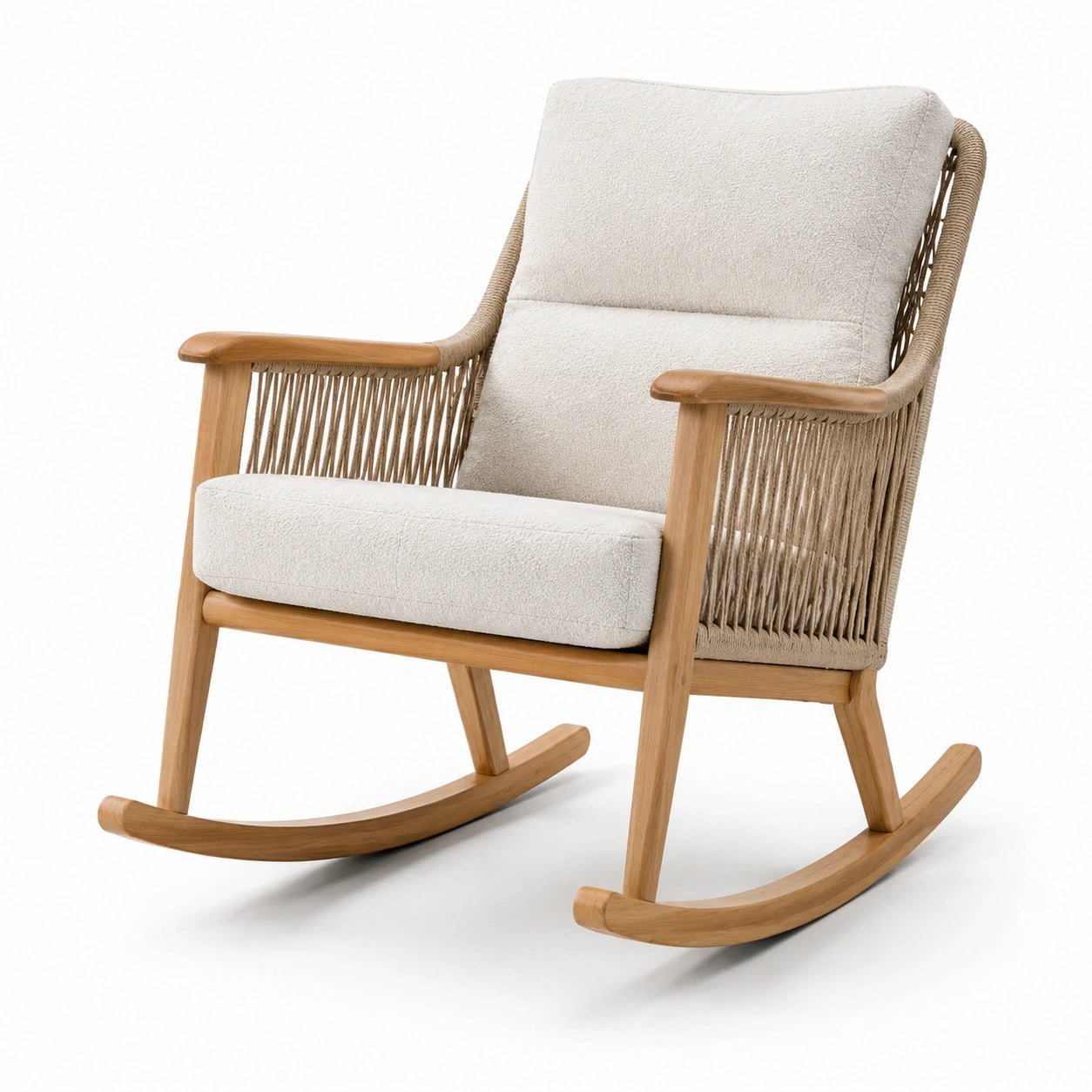 Fauteuil à bascule en bois et corde avec coussins beiges