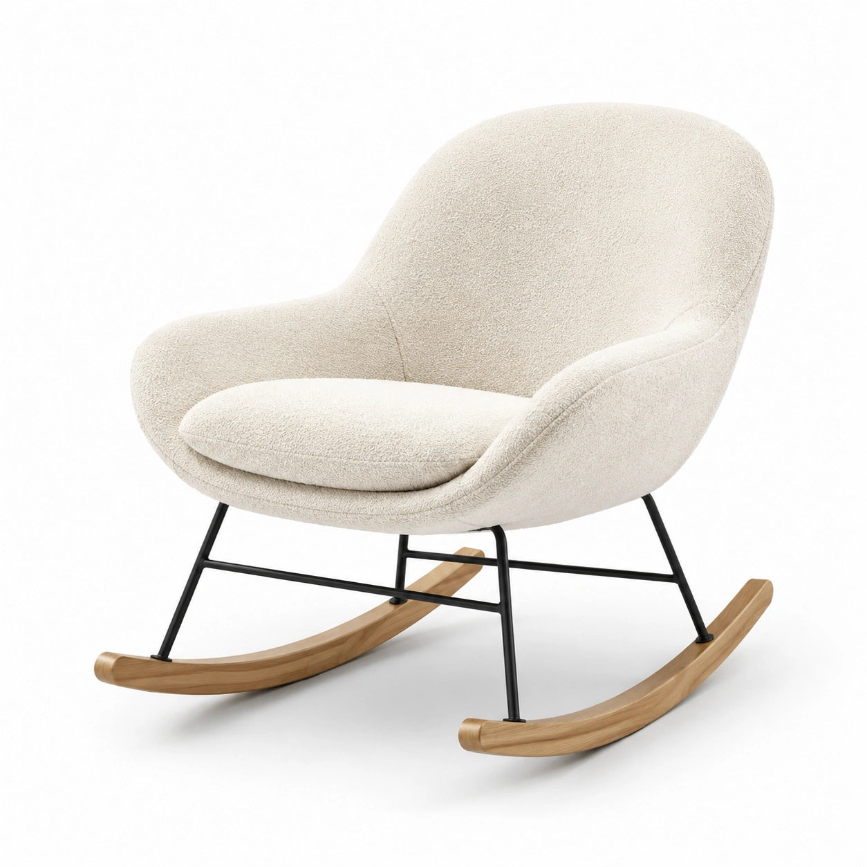 Fauteuil à bascule en tissu bouclé crème avec cadre en métal et base en bois