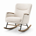 Fauteuil à bascule en tissu bouclé beige avec accoudoirs en bois et base en métal