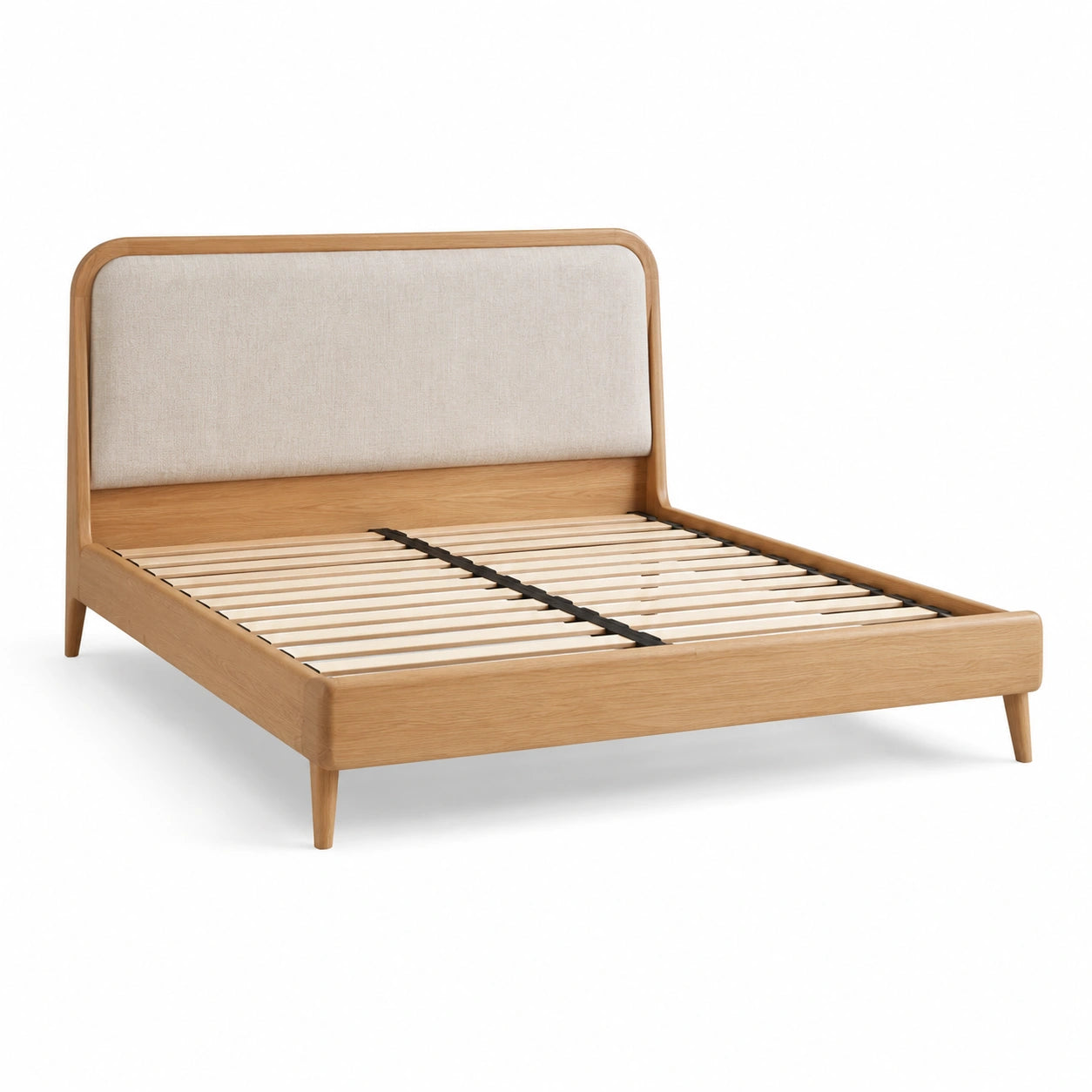 Lit double en chêne avec tête de lit en tissu polyester beige