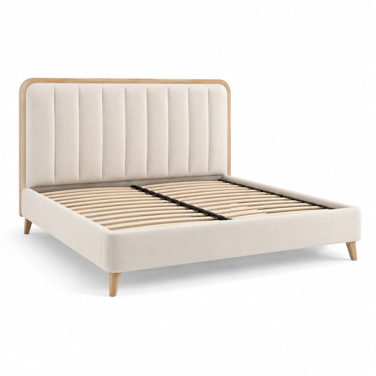 Lit double en velours beige avec structure en chêne 200x160cm