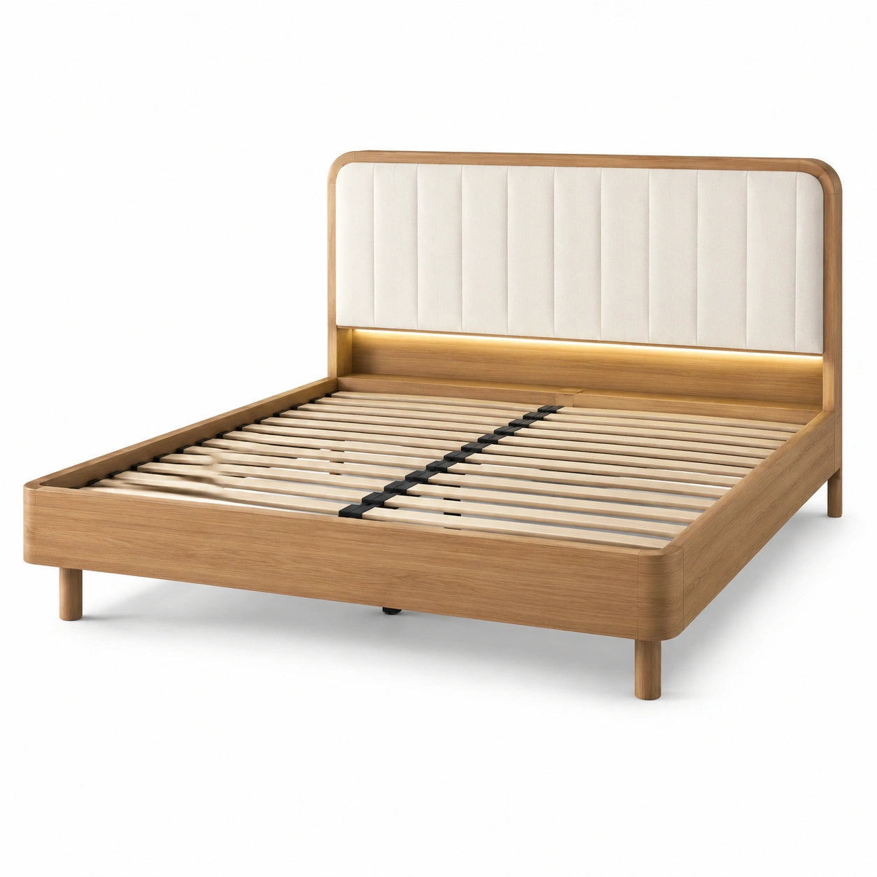 Lit double en bois avec tête de lit en tissu crème